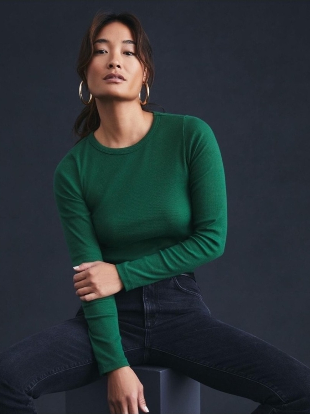 Anthropologie Maeve Green Ribbed Fitted Cotton Long-Sleeve Crewneck Tee